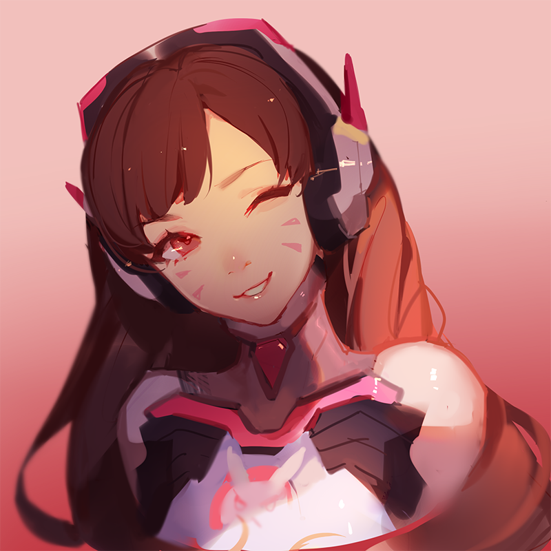 1girl ;) ask_(askzy) bangs bodysuit brown_hair d.va_(overwatch) eyebrows face facepaint gradient gradient_background head_tilt headgear lips long_hair looking_at_viewer nose one_eye_closed overwatch pink_background portrait smile solo whisker_markings