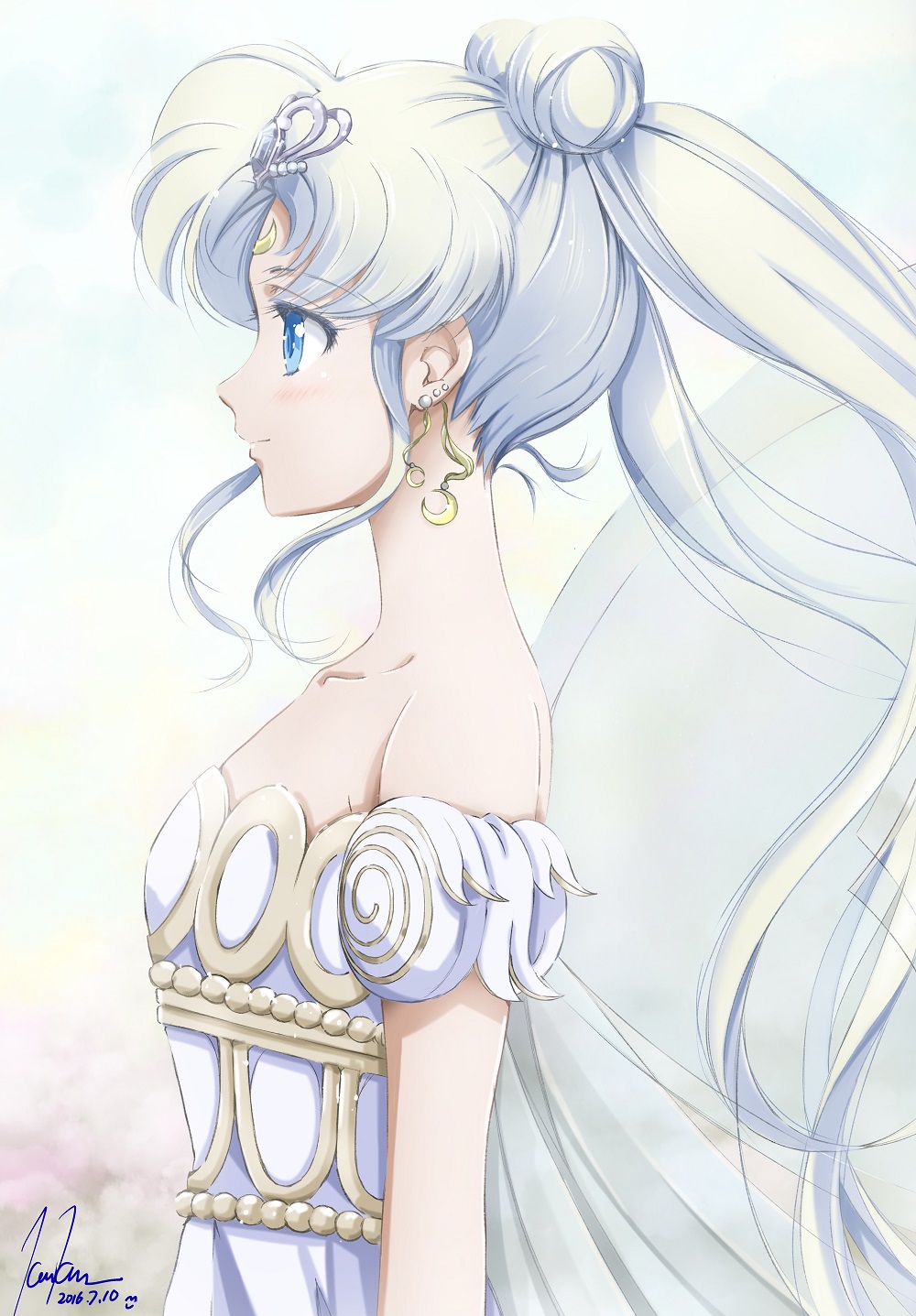 1girl 2016 bare_shoulders bishoujo_senshi_sailor_moon blue_eyes collarbone crescent crown dated double_bun dress earrings facial_mark forehead_mark highres jewelry kem_kem long_hair neo_queen_serenity profile signature smile solo strapless strapless_dress tsukino_usagi twintails upper_body white white_background white_dress white_hair