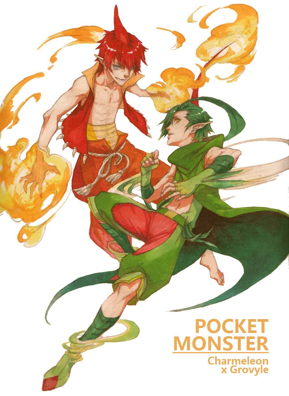 2boys :d ahoge bangs barefoot belt blue_eyes burning character_name charmeleon chest clenched_hand copyright_name fang fangs fighting_stance fingerless_gloves fire full_body gloves green_gloves green_hair green_jacket green_scarf green_shoes grovyle hair_between_eyes highres horn jacket leaf looking_at_viewer lowrain male_focus multiple_boys navel open_clothes open_mouth open_shirt orange_pants outstretched_arms parted_lips personification pointy_ears pokemon pokemon_(game) pokemon_rgby pokemon_rse profile red_shirt redhead rope scarf shirt shoes simple_background sketch sleeveless sleeveless_shirt smile stomach tassel traditional_media white_background yellow_eyes
