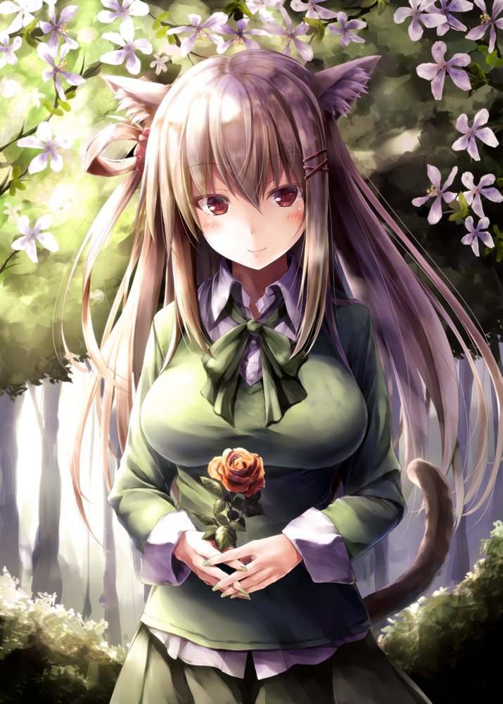 1girl animal_ears blush breasts brown_eyes brown_hair cat_ears cat_tail commentary_request cowboy_shot flower forest green_ribbon green_skirt hair_ornament hairclip large_breasts long_hair long_sleeves looking_at_viewer nature neck_ribbon original ribbon rose school_uniform shirt sidelocks skirt smile solo suien sunlight sweater tail tree white_shirt