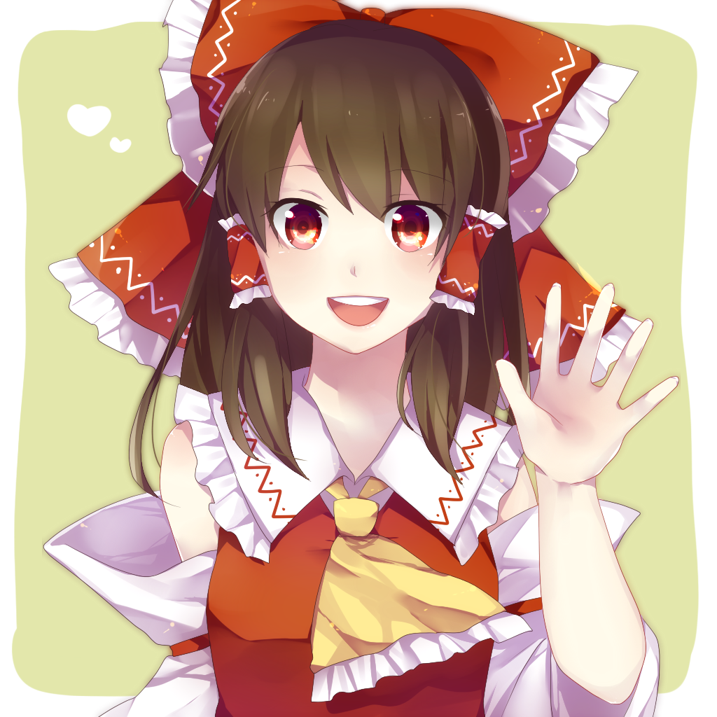 1girl :d ascot bare_shoulders bow brown_hair detached_sleeves green_background hair_bow hair_tubes hakurei_reimu hanaon heart looking_at_viewer open_hand open_mouth outside_border red_eyes simple_background smile solo touhou upper_body waving