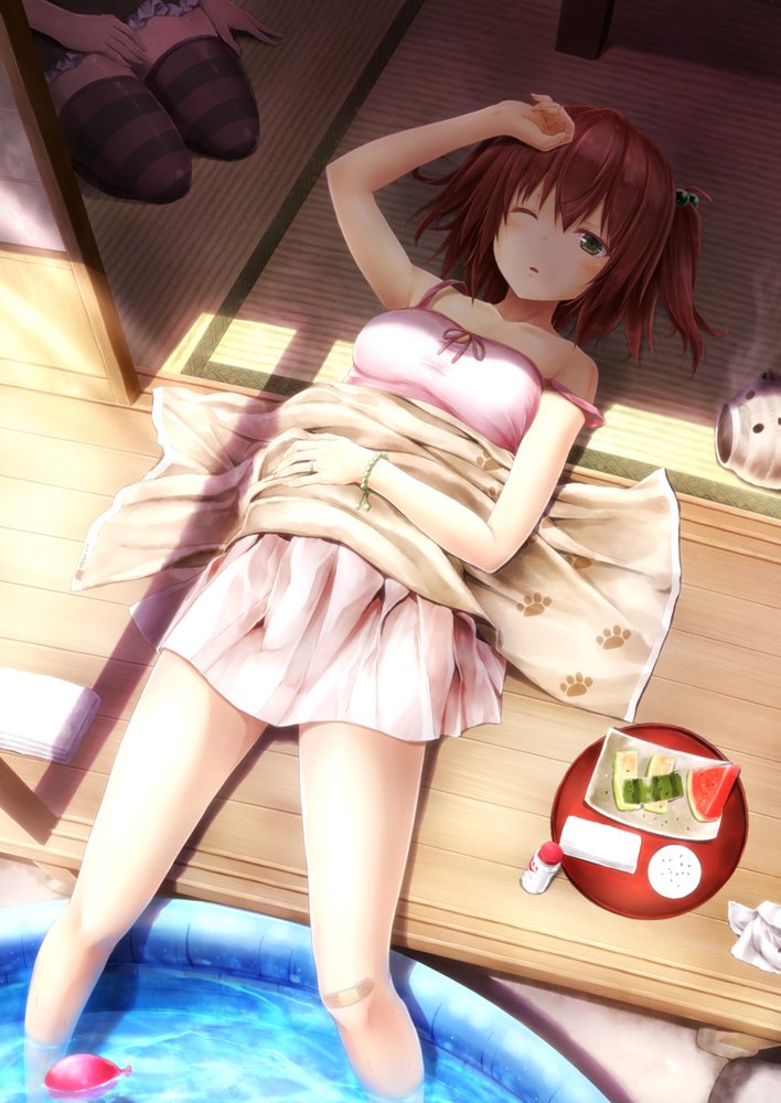 2girls ;o arm_up bandaid bandaid_on_knee bare_shoulders blanket blush brown_hair commentary_request dress food fruit green_eyes hair_bobbles hair_ornament kurumi_(suien) lying multiple_girls on_back one_eye_closed original out_of_frame partially_submerged paw_print salt_shaker seiza sitting sleeveless striped striped_legwear suien sundress thigh-highs tray twintails two_side_up wading_pool water_balloon watermelon