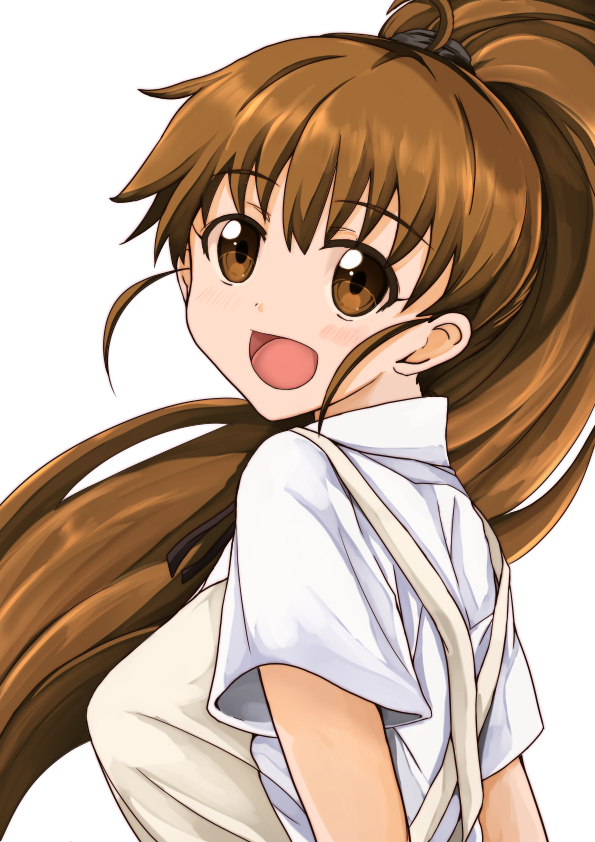 1girl :d ahoge apron breasts brown_eyes brown_hair high_ponytail kishirotou large_breasts long_hair looking_at_viewer looking_back open_mouth ponytail short_sleeves simple_background smile solo taneshima_popura upper_body waitress white_background working!!
