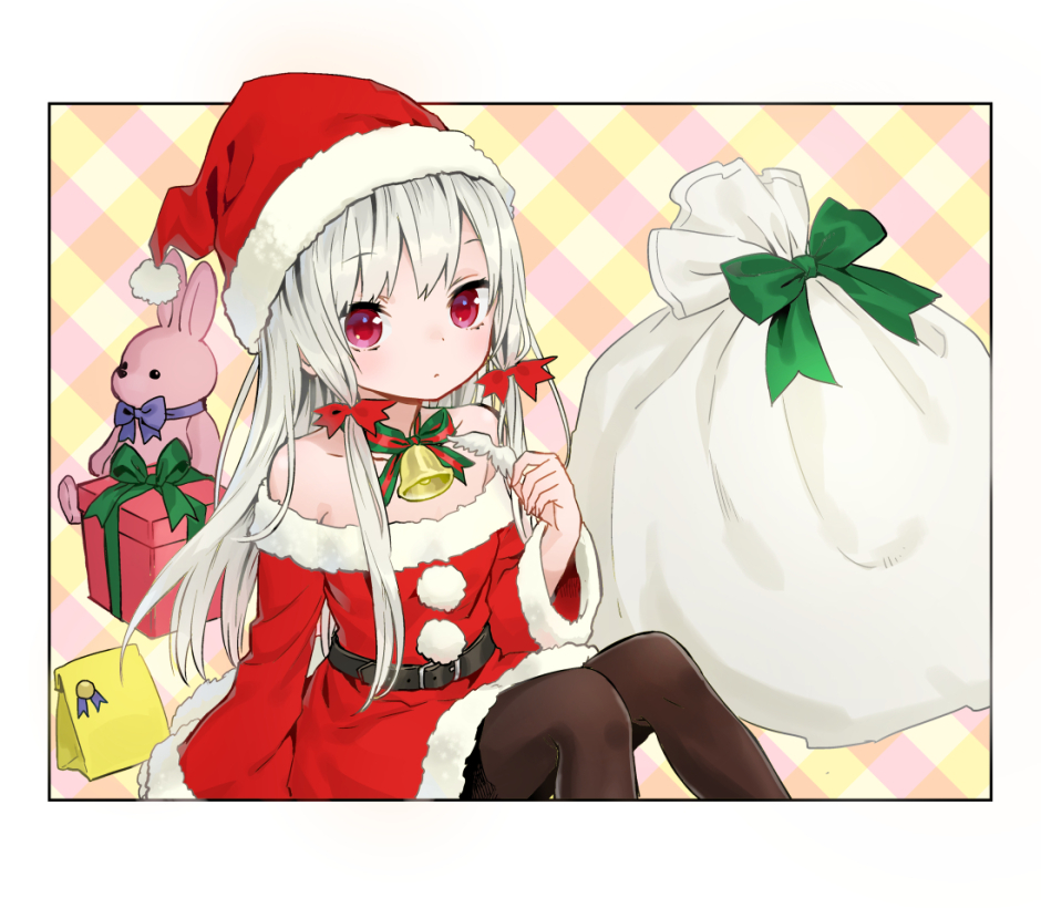 1girl ama-tou bare_shoulders black_legwear blush gift hat long_hair looking_at_viewer pantyhose red_eyes santa_hat solo sophie_twilight stuffed_animal stuffed_toy teddy_bear tonari_no_kyuuketsuki-san