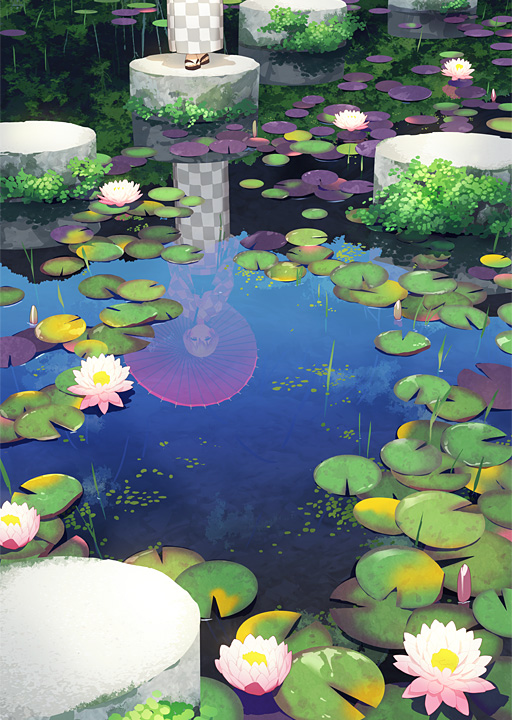 1girl checkered flower japanese_clothes kimono lily_pad oriental_umbrella original pink_hair plant pond reflection scenery solo toichi_(ik07) umbrella water yukata zouri