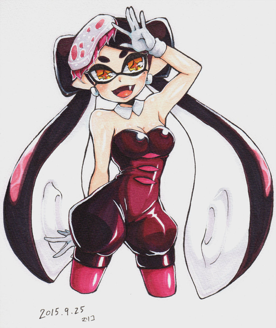 +_+ 1girl aori_(splatoon) black_dress black_hair blush bow breasts cleavage dated detached_collar domino_mask dress earrings eyebrows fang food food_on_head gloves hair_bow hand_in_hair hat jewelry long_hair looking_at_viewer mask mole mole_under_eye object_on_head okumura_096 open_mouth pantyhose pointy_ears purple_legwear short_jumpsuit simple_background solo splatoon strapless symbol-shaped_pupils tentacle_hair tentacles thick_eyebrows traditional_media white_background white_gloves yellow_eyes