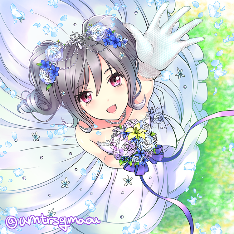 1girl bangs bouquet bow collarbone commentary_request dress drill_hair eyebrows eyebrows_visible_through_hair flower from_above gloves grass hair_between_eyes hair_flower hair_ornament hand_up holding holding_bouquet holding_flower idolmaster idolmaster_cinderella_girls idolmaster_cinderella_girls_starlight_stage kanzaki_ranko long_hair looking looking_at_viewer maou(demonlord) open_mouth outstretched_hand petals raised_hand ribbon silver_hair sketch sleeveless sleeveless_dress smile solo spaghetti_strap twintails twitter_username violet_eyes white_dress white_gloves