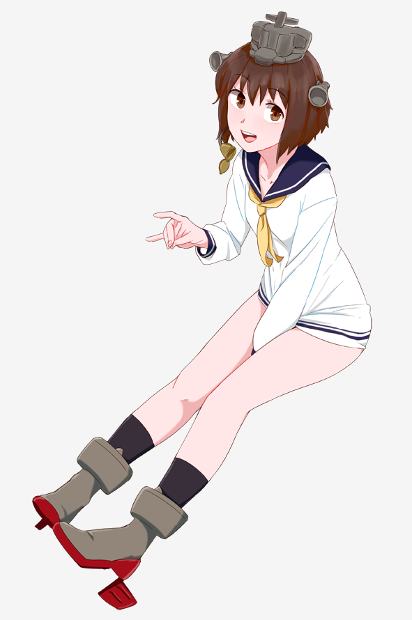 1girl between_legs boom_microphone boots brown_eyes brown_hair dress full_body hand_between_legs hand_up headgear high_heel_boots high_heels kantai_collection legs_together looking_at_viewer neckerchief ojipon open_mouth sailor_dress short_hair simple_background sitting smile socks solo yukikaze_(kantai_collection)