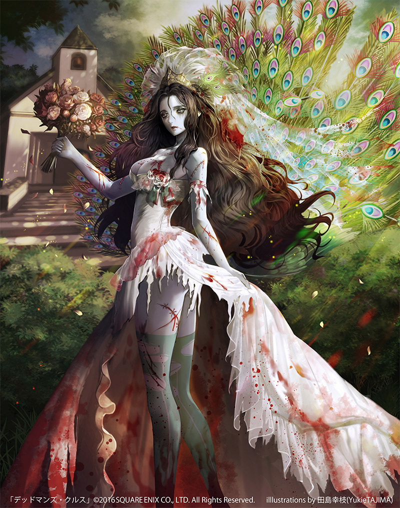 1girl artist_name bleeding blood blood_stain bloody_clothes bloody_dress bouquet breasts brown_hair cleavage deadman's_cross dress flower long_hair outdoors pale_skin peacock_feathers rose scar skirt_hold solo square_enix stitches thigh-highs tiara torn_clothes torn_thighhighs veil watermark wedding_dress white_dress white_rose yukie_tajima zombie