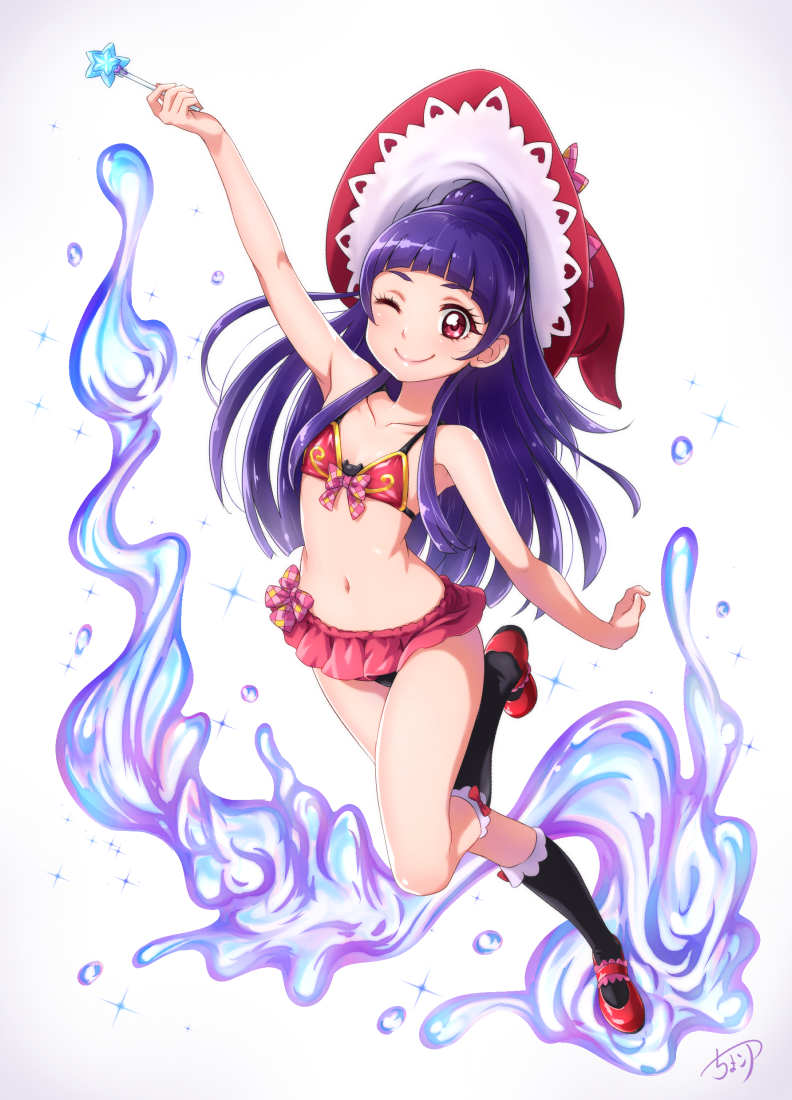 1girl ;) arm_up bikini chocokin hat izayoi_liko long_hair looking_at_viewer mahou_girls_precure! navel one_eye_closed precure purple_hair red_eyes signature smile socks solo swimsuit wand witch_hat