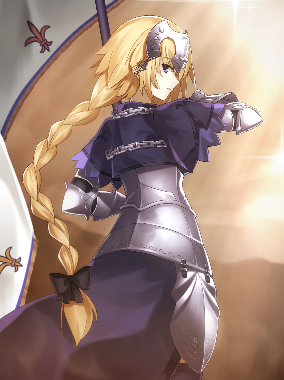 1girl armor armored_dress blonde_hair braid capelet chain fate/apocrypha fate/grand_order fate/stay_night fate_(series) headpiece highres janne_d'arc long_hair looking_at_viewer metal_gloves minamina ruler_(fate/apocrypha) solo very_long_hair violet_eyes