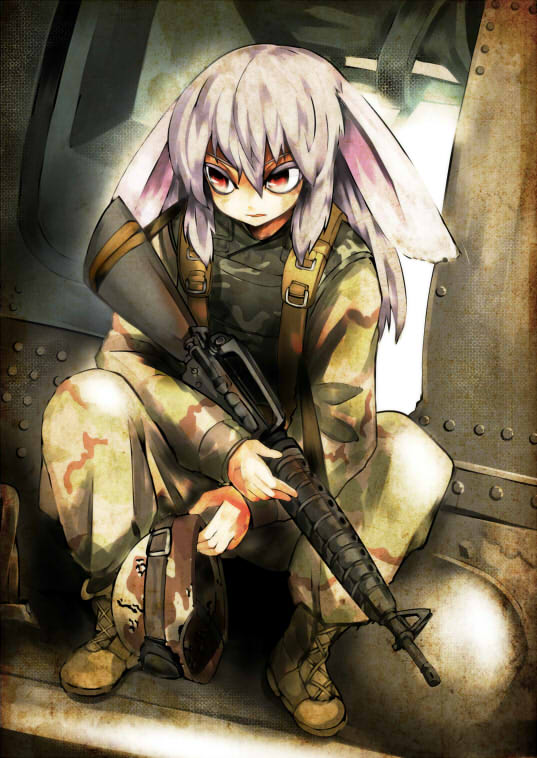 1girl alternate_costume animal_ears assault_rifle black_hawk_down boots camouflage cross-laced_footwear derivative_work dutch_angle full_body gun headwear_removed helmet helmet_removed lace-up_boots lavender_hair long_hair long_sleeves m16 military military_uniform pants rabbit_ears red_eyes reisen_udongein_inaba rifle sitting solo touhou uniform weapon woodland_pattern yutori_(inu-hito)