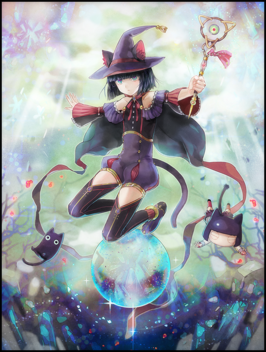 :&lt; androgynous animal_ears bangs bare_shoulders black_legwear blue_eyes blunt_bangs cape cat cat_ears closed_eyes collarbone falling full_body hat holding holding_weapon kuroi kuroinyan looking_at_viewer multicolored_eyes outstretched_arms pixiv_fantasia pixiv_fantasia_fallen_kings pixiv_fantasia_new_world red_legwear ribbon shiny shiny_hair short_hair sparkle tail thigh-highs wand weapon wide_sleeves witch_hat