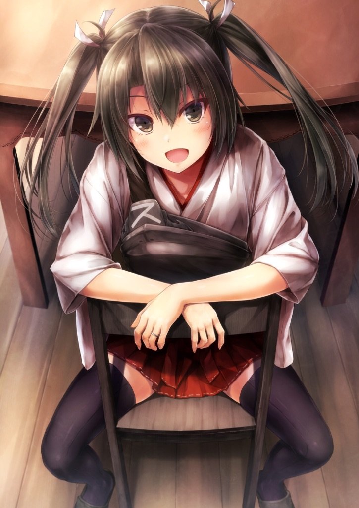 1girl :d black_eyes black_hair black_legwear blush chair commentary_request hair_between_eyes hair_ribbon hakama_skirt japanese_clothes kantai_collection looking_at_viewer muneate open_mouth red_skirt ribbon short_hair_with_long_locks sitting sitting_backwards sitting_on_chair skirt smile solo suien table thigh-highs twintails two_side_up white_ribbon zettai_ryouiki zuikaku_(kantai_collection)