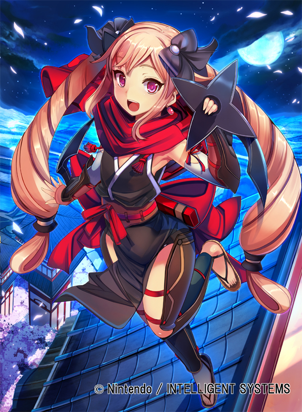 1girl blonde_hair elise_(fire_emblem_if) fire_emblem fire_emblem_cipher fire_emblem_if flat_chest full_body full_moon hair_ribbon looking_at_viewer moon naaamo night night_sky ninja no_socks outdoors petals red_scarf ribbon rooftop sandals scarf shuriken sky solo tabi twintails violet_eyes