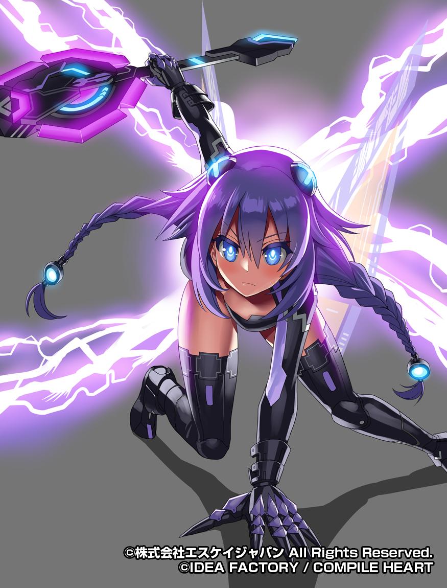 &gt;:( 1girl arm_support black_legwear blue_eyes blush braid breasts choujigen_game_neptune cleavage commentary_request electricity energy_wings gauntlets hair_ornament leaning_forward leotard long_hair looking_at_viewer neptune_(choujigen_game_neptune) neptune_(series) obui purple_hair purple_heart solo sword symbol-shaped_pupils thigh-highs twin_braids weapon