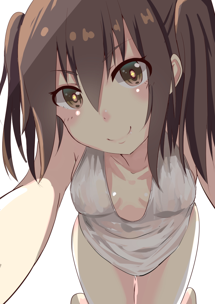 1girl alternate_costume breasts brown_eyes brown_hair collarbone commentary_request kantai_collection light_smile lingerie see-through see-through_silhouette sendai_(kantai_collection) shinta_(the-mattyaman) simple_background solo symbol-shaped_pupils thigh-highs two_side_up underwear waking_up white_background