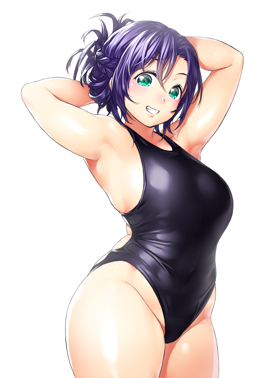 1girl competition_swimsuit green_eyes highres long_hair love_live!_school_idol_project one-piece_swimsuit one_eye_closed onsoku_maru purple_hair simple_background smile solo swimsuit thick_thighs thighs toujou_nozomi wide_hips