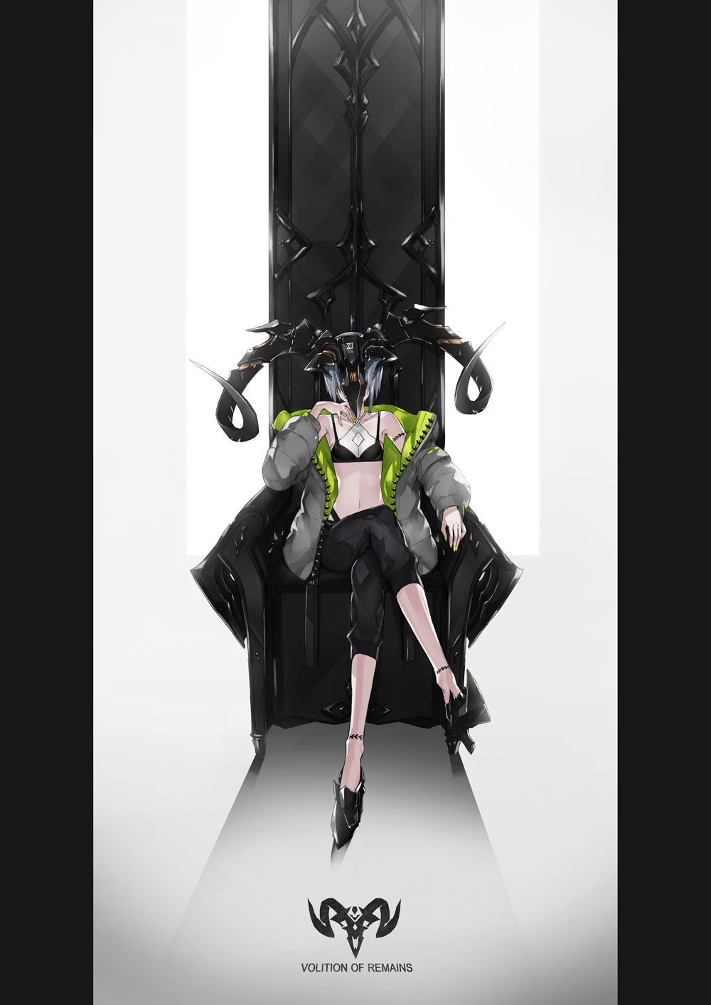 1girl animal_skull argyle_cutout armchair black_bra black_gloves black_panties black_pants bodypaint bra bra_over_clothes capri_pants chair covered_face crop_top crossed_legs english full_body gloves green_nails grey_background grey_hair grey_jacket halter_top halterneck high_heels highres jacket logo long_sleeves mask nail_polish navel off_shoulder open_clothes open_jacket original panties pants pillarboxed roman_numerals shade short_hair silver_hair sitting skull small_breasts solo stomach tattoo throne underwear yucca-612