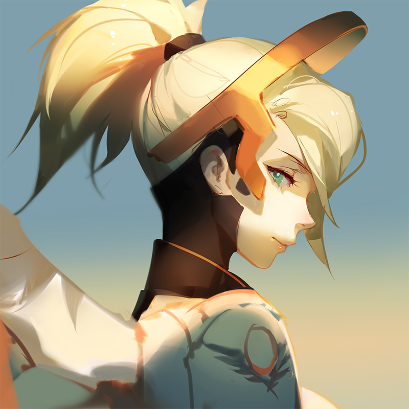 1girl ask_(askzy) bangs blonde_hair closed_mouth expressionless eyebrows from_side gradient gradient_background green_eyes hair_ornament headgear high_ponytail lips looking_at_viewer mercy_(overwatch) multicolored_background nose overwatch portrait profile short_ponytail solo two-tone_background