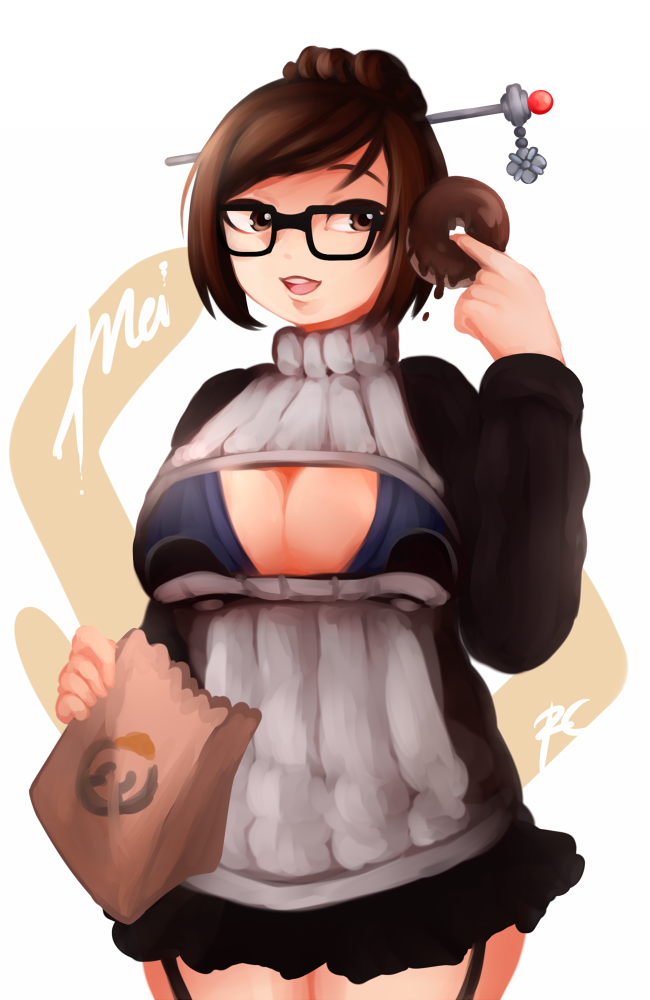1girl bag breasts brown_eyes brown_hair casual character_name cleavage cleavage_cutout doughnut food garter_straps glasses hair_bun hair_ornament hairpin large_breasts mei_(overwatch) miniskirt open-chest_sweater overwatch paper_bag rumi_cha short_hair skirt solo sweater