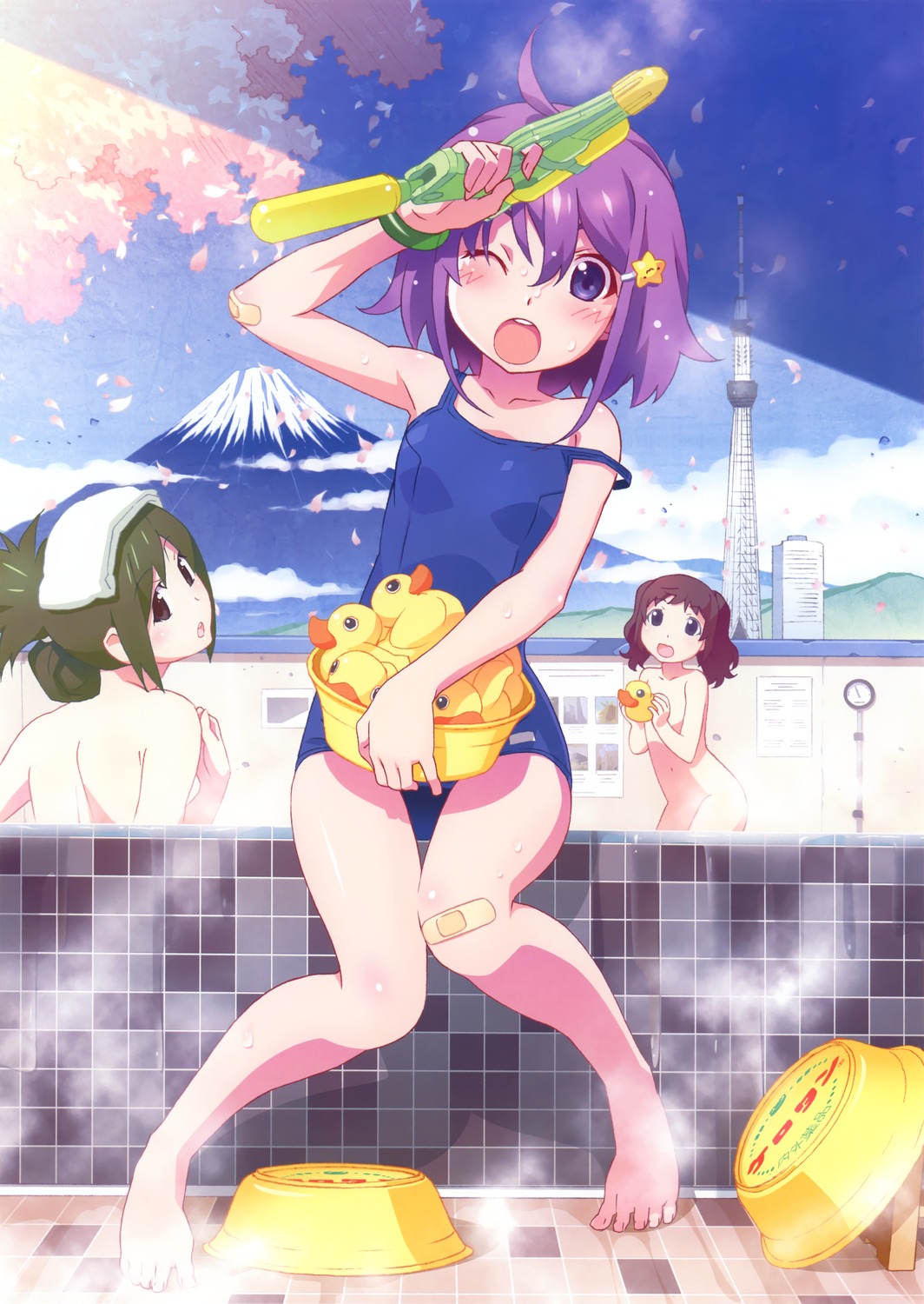 3girls ;o bandaid bandaid_on_elbow bandaid_on_knee barefoot basin bathhouse brown_eyes bucket cherry_blossoms collarbone folded_ponytail hair_ornament hairclip highres holding looking_back mountain multiple_girls navel nude one-piece_swimsuit one_eye_closed original petals purple_hair rubber_duck scan sitting small_breasts standing star_hair_ornament steam strap_slip swimsuit towel towel_on_head tower twintails violet_eyes watanabe_akio water_gun wet