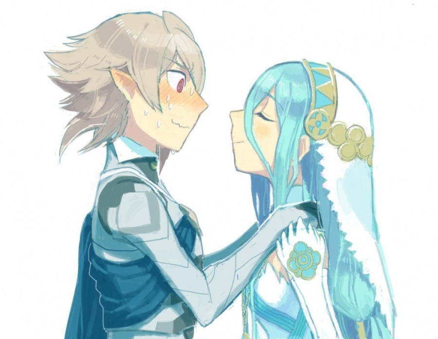 1boy 1girl @_@ aisutabetao aqua_(fire_emblem_if) armor blue_hair blush cape closed_eyes couple dress elbow_gloves fire_emblem fire_emblem_if gloves hair_between_eyes hairband hands_on_another's_shoulders height_difference incipient_kiss long_hair my_unit_(fire_emblem_if) pointy_ears profile short_hair silver_hair simple_background upper_body veil very_long_hair wavy_mouth white_background white_gloves