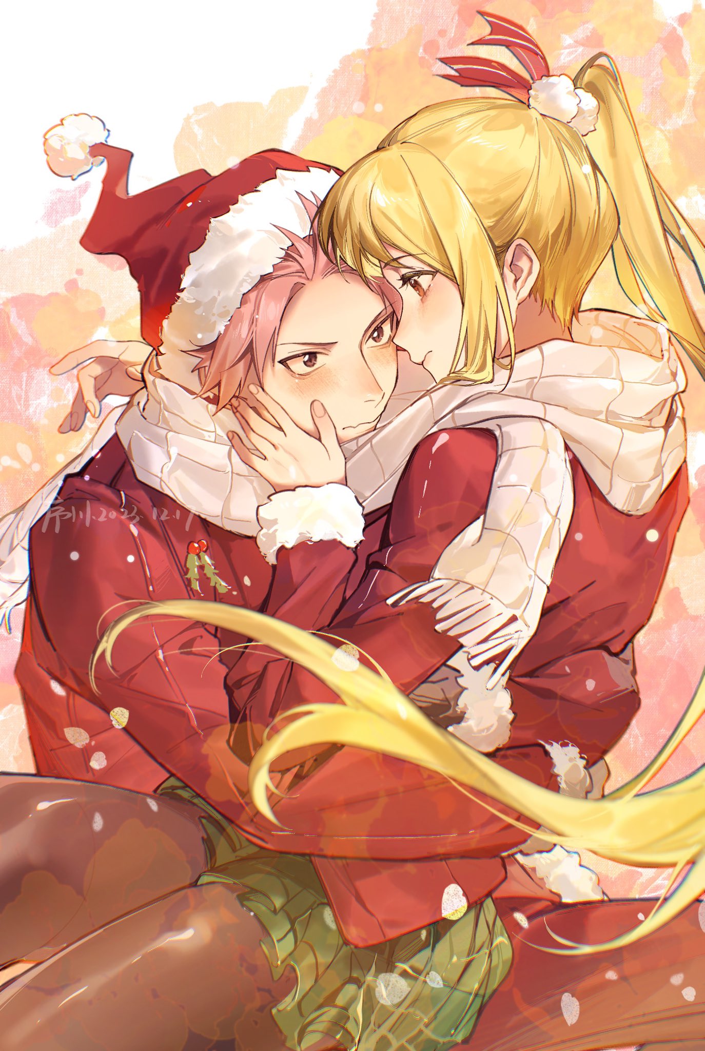 1boy 1girl biting_own_lip blonde_hair blush brown_eyes brown_gloves brown_pantyhose christmas coat colored_skin cowboy_shot fairy_tail feet_out_of_frame fingernails floating_hair from_side fur-trimmed_coat fur_trim gloves green_skirt hair_flowing_over hair_ribbon hand_on_own_cheek hand_on_own_face hat highres hug jyukawa long_hair looking_at_another lucy_heartfilia miniskirt mistletoe natsu_dragneel on_lap pants pantyhose patterned_background pink_hair ponytail puffy_sleeves red_coat red_pants red_ribbon ribbon santa_costume santa_hat scarf shared_clothes shared_scarf sitting sitting_on_lap sitting_on_person skirt white_scarf white_skin
