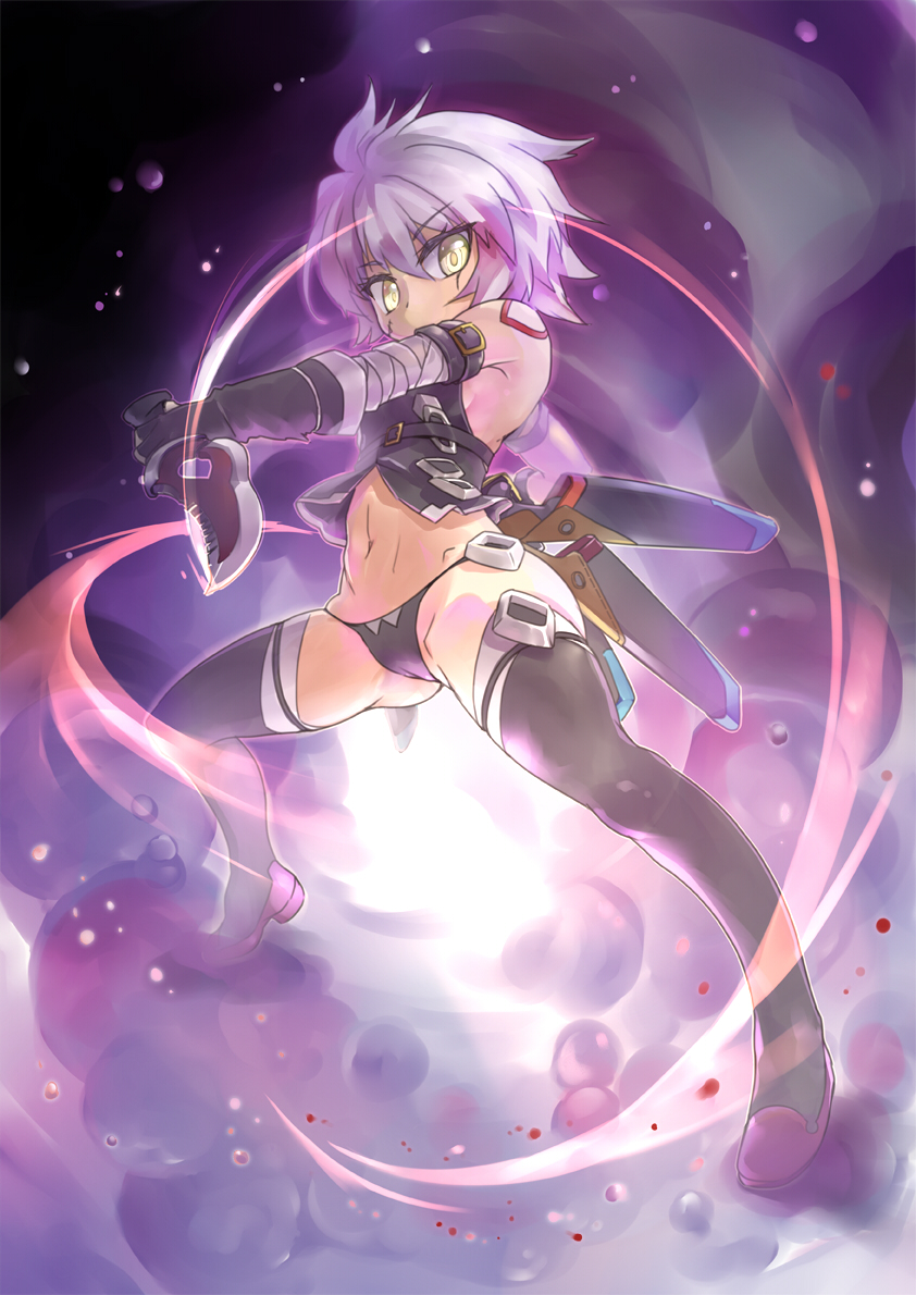 1girl assassin_of_black bikini_bottom black_gloves combat_knife commentary_request dual_wielding fate/apocrypha fate/grand_order fate_(series) fighting_stance gloves holding knife looking_at_viewer navel rori_chuushin scar short_hair silver_hair solo thigh-highs weapon yellow_eyes
