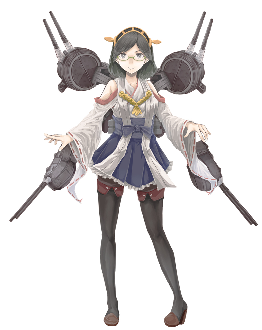 1girl bare_shoulders black_hair boots cannon detached_sleeves duck_mizuuchi full_body glasses green-framed_glasses hairband headgear japanese_clothes kantai_collection kirishima_(kantai_collection) nontraditional_miko pantyhose ribbon-trimmed_sleeves ribbon_trim short_hair skirt solo thigh-highs thigh_boots turret