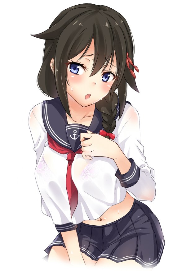 1girl :o black_hair blue_eyes blush bra braid commentary_request cosplay hair_flaps hair_ornament inazuma_(kantai_collection) inazuma_(kantai_collection)_(cosplay) kantai_collection midriff navel remodel_(kantai_collection) sarfata school_uniform see-through shigure_(kantai_collection) single_braid solo sweat underwear wet wet_clothes