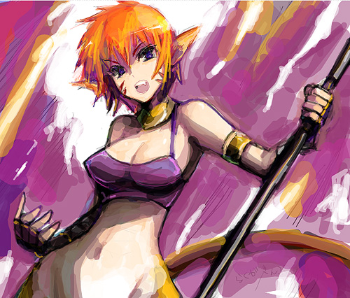 animal bottomless breath_of_fire breath_of_fire_ii fang fantasy kara_(color) katt lowres pointy_ears purple_eyes red_hair redhead rinpoo_chuan short_hair staff tail violet_eyes