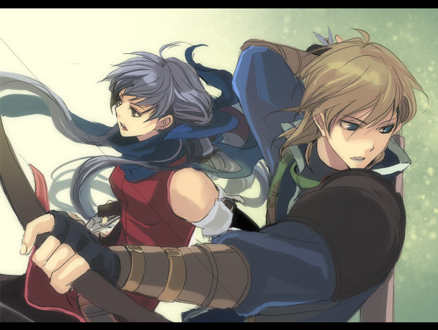 blue_eyes bow_(weapon) fire_emblem fire_emblem:_akatsuki_no_megami fire_emblem_radiant_dawn gloves hanakago leonardo_(fire_emblem) long_hair micaiah nintendo scarf silver_hair weapon yellow_eyes