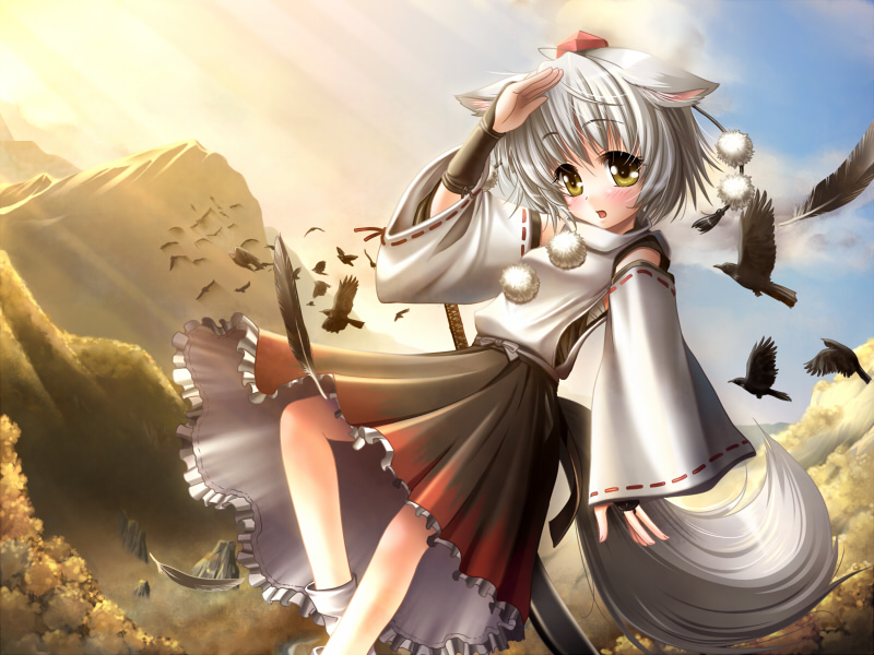 animal_ears bird crow detached_sleeves feathers hat inubashiri_momiji kei_(pixiv) kei_kei mountain silver_hair socks solo sword tail tokin_hat touhou weapon wolf_ears wolf_tail yellow_eyes