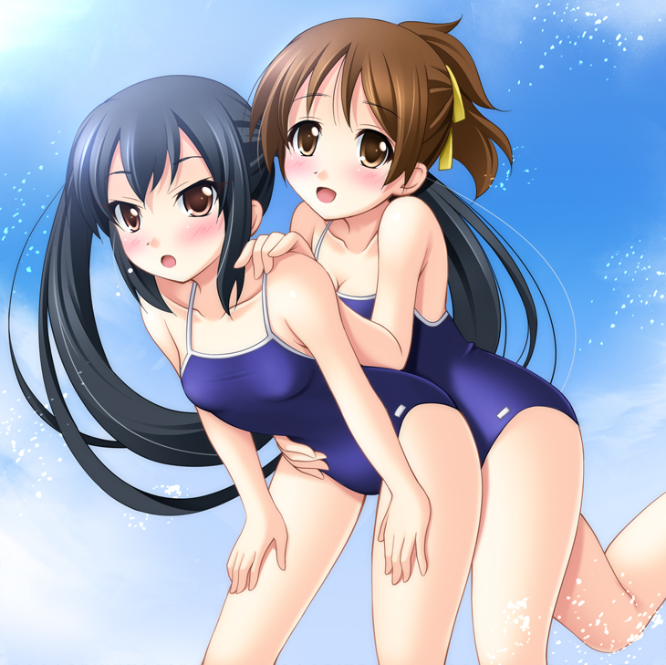 2girls :o bent_over black_hair blush breasts brown_eyes cleavage flat_chest hair_ribbon hirasawa_ui hug hug_from_behind k-on! long_hair multiple_girls nakano_azusa narutaki_shin one-piece one-piece_swimsuit open_mouth outdoors ponytail ribbon short_hair smile splash standing swimsuit twintails very_long_hair