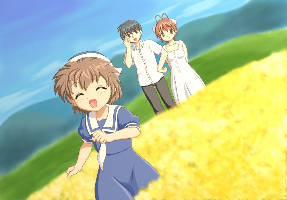 child chunpai clannad closed_eyes dutch_angle family flower furukawa_nagisa hat husband_and_wife okazaki_tomoya okazaki_ushio running sailor_dress school_uniform short_hair