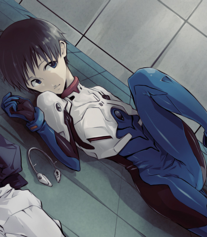 1boy androgynous bad_id blue_eyes bodysuit brown_hair headphones ikari_shinji lying maka_(morphine) male masaki_(celesta) neon_genesis_evangelion plugsuit skin_tight solo