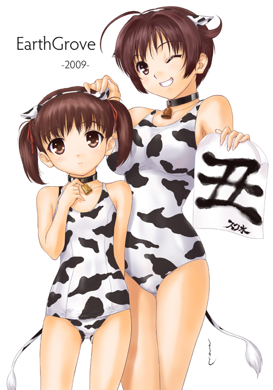 2girls animal_ears bell brown_eyes brown_hair child cow_bell cow_ears cow_print cow_tail grin multiple_girls new_year one-piece_swimsuit school_swimsuit short_hair smile swimsuit tail tsuchinoto twintails white_school_swimsuit wink