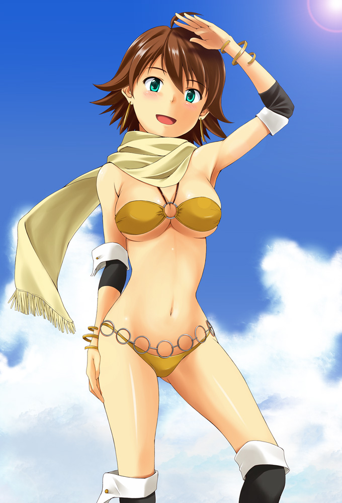awakened_miki bad_id bandeau bikini boots bracelet breasts brown_hair cleavage cloud clouds earrings green_eyes halter_top halterneck hoshii_miki idolmaster jewelry large_breasts lens_flare navel nishi_(count2.4) o-ring_top scarf shiny shiny_skin short_hair sky smile solo swimsuit