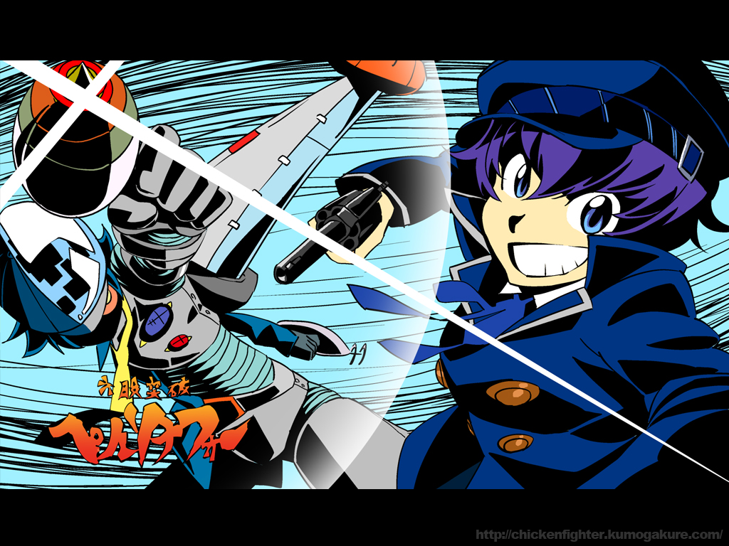 1024x768 blue_eyes blue_hair cabbie_hat gun hat hei_jin lens_flare oto_tin parody persona persona_4 reverse_trap shirogane_naoto short_hair smile style_parody tengen_toppa_gurren_lagann wallpaper watermark weapon