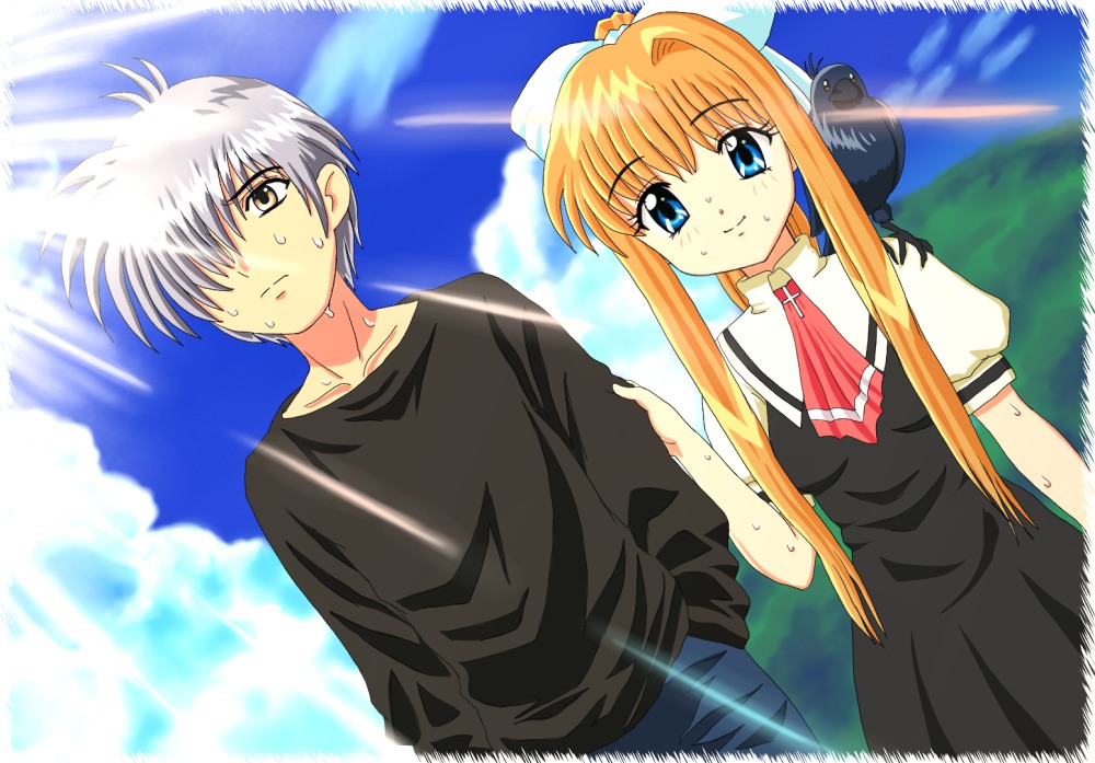 bird bird_on_shoulder blonde_hair blue_eyes brown_eyes chunpai crow dutch_angle hair_over_one_eye kamio_misuzu kunisaki_yukito long_hair ponytail school_uniform short_hair silver_hair sora_(air) sweat