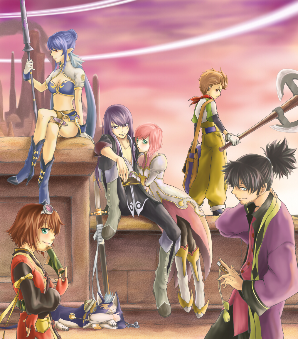 3girls axe bag dog estellise_sidos_heurassein goggles judith kanami_(dec-02) karol_capel multiple_boys multiple_girls pointy_ears polearm raven repede rita_mordio spear sword tales_of_(series) tales_of_vesperia weapon yuri_lowell