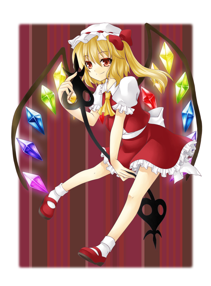 flandre_scarlet hat hitsugi_kaname laevatein mary_janes ponytail red_eyes shoes short_hair side_ponytail solo touhou wings