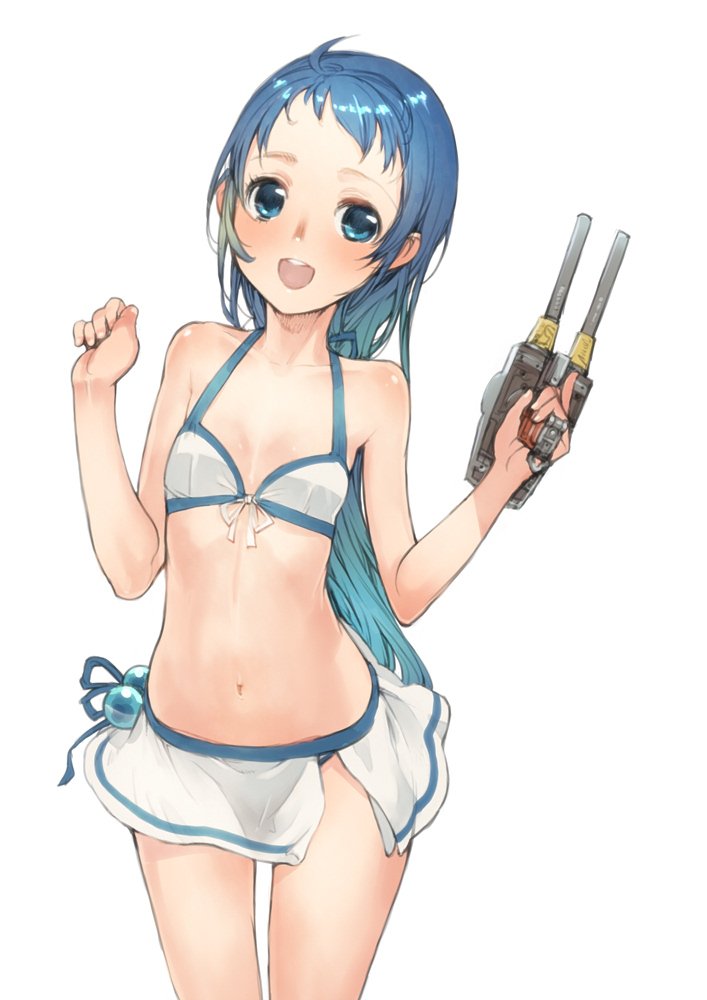 1girl :d bikini bikini_skirt blue_eyes blue_hair blush branch_(blackrabbits) breasts collarbone cowboy_shot front-tie_bikini front-tie_top holding holding_weapon kantai_collection long_hair looking_at_viewer navel open_mouth samidare_(kantai_collection) simple_background small_breasts smile solo swimsuit teeth turret very_long_hair weapon white_background white_bikini