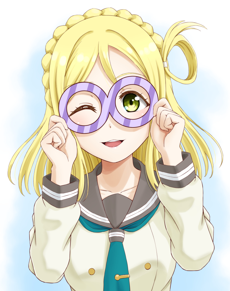 blonde_hair blsh braids hair_ring love_live!_sunshine!! number ohara_mari seifuku short_hair smile wink yellow_eeys