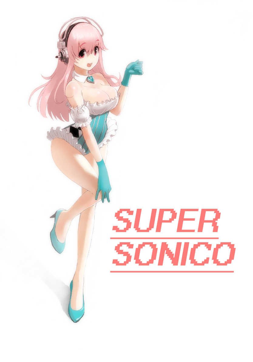 1girl blush breasts character_name cleavage commentary_request detached_collar full_body gloves green322 headphones high_heels large_breasts leg_up leotard long_hair looking_at_viewer nitroplus open_mouth pink_eyes pink_hair shoes smile solo standing standing_on_one_leg super_sonico