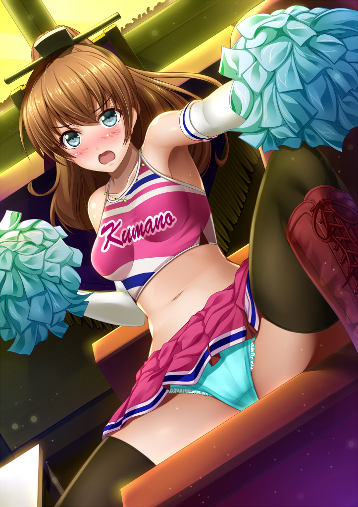 1girl alternate_costume aqua_panties armpits bangs bare_shoulders black_legwear blue_eyes blush boots breasts brown_hair character_name cheerleader clothes_writing commentary_request crop_top cross-laced_footwear dutch_angle eyebrows eyebrows_visible_through_hair fringe hair_between_eyes halterneck headgear kantai_collection kumano_(kantai_collection) lace-up_boots light_particles long_hair looking_at_viewer midriff miniskirt navel open_mouth outstretched_arm panties pink_skirt pleated_skirt pom_poms ponytail red_boots shibata_rai sitting skirt skirt_lift sleeveless solo spread_legs stomach thigh-highs underwear