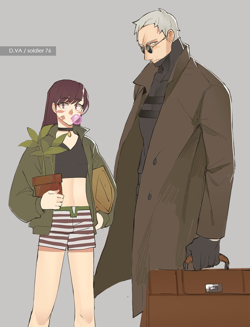 1boy 1girl bag black_gloves blue_eyes blush blush_stickers bodysuit brown_eyes brown_hair bubble_blowing bubblegum character_name choker commentary commentary_request cosplay cowboy_shot crop_top d.va_(overwatch) eyebrows eyebrows_visible_through_hair flower_pot glasses gloves grey_background grey_hair gum handbag jacket jewelry leaf leon_(leon_the_professional) leon_the_professional long_hair looking_at_viewer mathilda_lando midriff navel overwatch parody pendant plant scar shorts simple_background soldier:_76_(overwatch) striped striped_shorts sunglasses