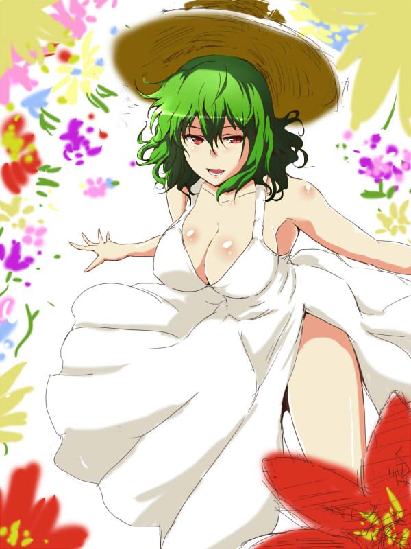 1girl alternate_costume breasts cleavage dress floral_print flower green_hair haji_(hajiko) hat kazami_yuuka large_breasts open_mouth red_eyes short_hair solo straw_hat thighs touhou wavy_hair white_dress