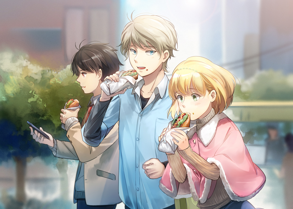 1girl 2boys :t aki_(neyuki41028) aldnoah.zero asseylum_vers_allusia black_shirt blazer blonde_hair blue_eyes blue_shirt blurry blush brown_hair building capelet casual cellphone clenched_hand collarbone collared_shirt depth_of_field eating food food_on_face green_eyes grey_hair holding holding_food holding_phone jacket kaizuka_inaho looking_at_another multiple_boys necktie open_blazer open_clothes open_jacket outdoors phone profile red_eyes red_necktie shirt short_hair slaine_troyard sleeves_past_wrists smartphone tree wing_collar